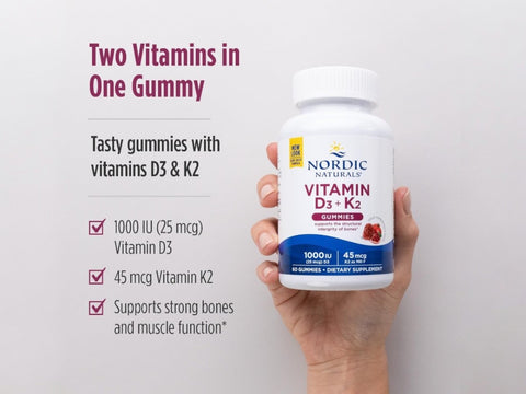 Nordic Naturals Vitamin D3 + K2 Gummies 1000 IU Pomegranate – 60 Gummies ingredients and product details panel