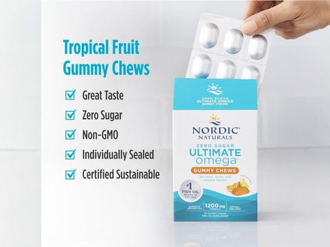 Nordic Naturals Zero Sugar Omega-3 Gummies 1200mg Tropical Fruit – 54 Gummies box back label with product information