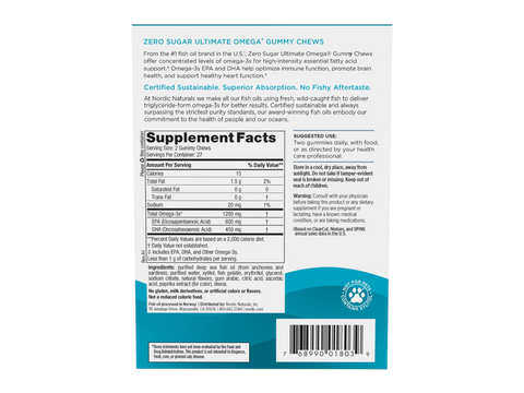 Nordic Naturals Zero Sugar Omega-3 Gummies 1200mg Tropical Fruit – 54 Gummies product barcode on box packaging