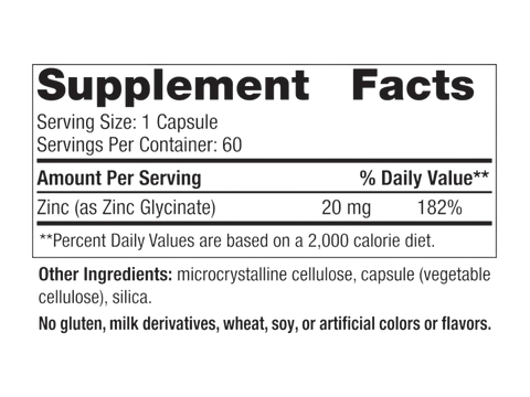 Nordic Naturals Zinc Glycinate 20mg Highly Absorbable Zinc – 60 Capsules Supplement Facts panel