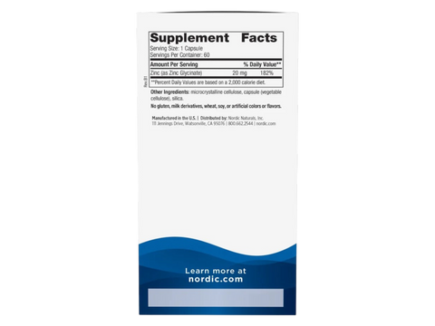 Nordic Naturals Zinc Glycinate 20mg Highly Absorbable Zinc – 60 Capsules Supplement Facts panel