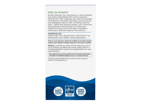 Nordic Naturals Zinc Glycinate 20mg Highly Absorbable Zinc – 60 Capsules bottle back label with product information