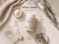 A styled flat-lay product shot of a white tub labeled 'Bovine Pure' by Natural Omega, surrounded by ingredient callouts, a spoonful of powder, small bowls, and botanical sprigs on a warm beige background.