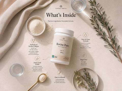 A styled flat-lay product shot of a white tub labeled 'Bovine Pure' by Natural Omega, surrounded by ingredient callouts, a spoonful of powder, small bowls, and botanical sprigs on a warm beige background.