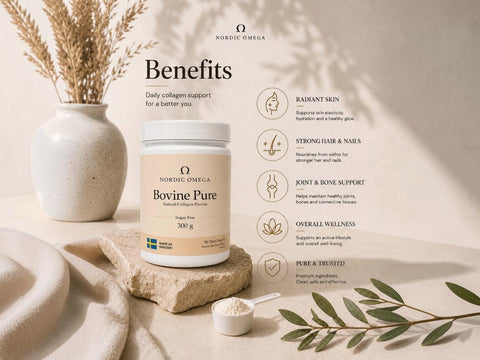 Nordic Omega Bovine Pure collagen supplement jar displayed on a stone slab with decorative dried grass, a ceramic vase, and a scoop of powder. The image includes a benefits callout panel with text and icons.