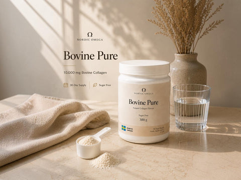 A white tub of Nordic Omega Bovine Pure collagen powder sits on a beige stone surface with a glass of water, a small scoop of powder, and a folded cloth nearby. Text on the image reads 'Nordic Omega Bovine Pure' and '10,000 mg Bovine Collagen.