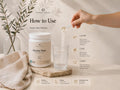 A lifestyle instructional graphic showing how to use Nordic Omega Boveine Pure supplement. A hand is shown scooping white powder from a white jar with a white lid, pouring it into a clear glass, with step-by-step instructions displayed on the right.
