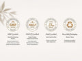 Four certification logos and labels on a light beige background: GMP Certified, HACCP Certified, Halal Certified, and Recyclable Packaging, with brief descriptions underneath.