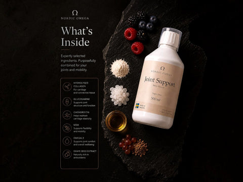 Nordic Omega Joint Support supplement bottle displayed on a dark stone surface with berries, capsules, and a small glass of liquid, alongside a 'What's Inside' ingredient panel on a black background.