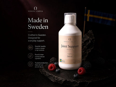Nordic Omega Joint Support supplement bottle on a dark textured surface with berries, alongside marketing text 'Made in Sweden' and a small Swedish flag.