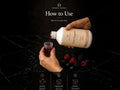 A lifestyle instructional graphic showing hands pouring a dark red liquid from a white bottle labeled 'Nordic Omega Joint Support' into a small cup on a black marble surface, with berries nearby and step-by-step usage icons at the bottom.