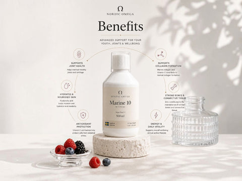 Nordic Omega Marine 10 supplement bottle displayed on a stone pedestal with a glass jar, berries, and printed benefit callouts on a light background.