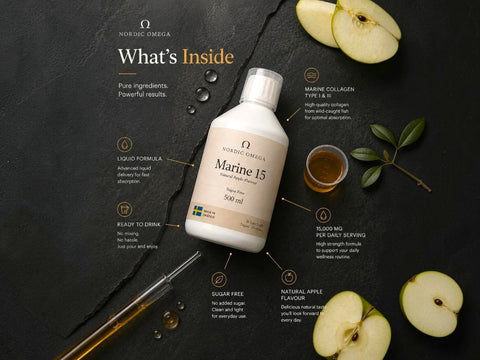 Nordic Omega Marine 15 liquid formula bottle displayed on a dark textured background with ingredient callouts, apple slices, a glass of golden liquid, and a dropper.