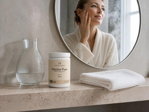 A woman in a white robe stands in front of a bathroom mirror, touching her face. On the countertop beside her is a jar labeled 'Omega Marine Pure' and a folded white towel, with a glass vase to the left.