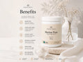 Nordic Omega Marine Pure collagen supplement jar displayed on a neutral fabric surface with a glass vase of dried flowers and a small bowl of powder. The left side features a benefits text panel.