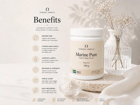 Nordic Omega Marine Pure collagen supplement jar displayed on a neutral fabric surface with a glass vase of dried flowers and a small bowl of powder. The left side features a benefits text panel.