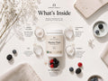 Nordic Omega Marine Pure collagen powder jar shown in a styled flat-lay with ingredient callouts around it, including marine collagen, hyaluronic acid, zinc, vitamin C, and natural berries, on a light beige background.