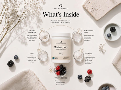 Nordic Omega Marine Pure collagen powder jar shown in a styled flat-lay with ingredient callouts around it, including marine collagen, hyaluronic acid, zinc, vitamin C, and natural berries, on a light beige background.