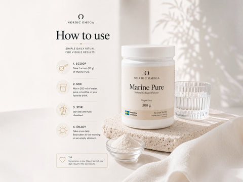 Nordic Omega Marine Pure collagen powder bottle displayed on a stone slab with a glass, small bowl of powder, and a 'How to use' instruction panel on a light neutral background.