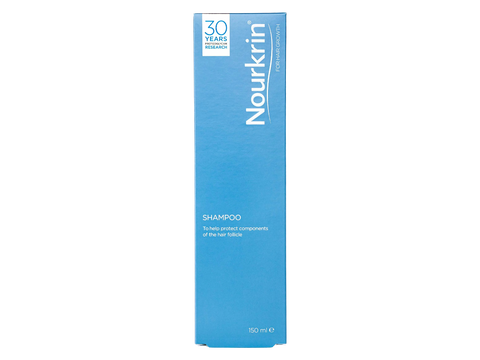 Nourkrin Hair & Scalp Care Shampoo box, 150ml, on white background.