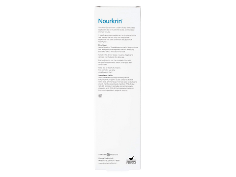 Conditioner directions and ingredient list for Nourkrin 150ml tube.