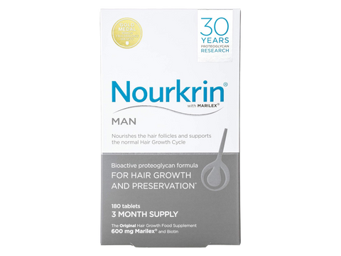 Nourkrin Man Hair Support Supplement box with 180 tablets on white background.