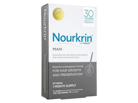 Nourkrin Man Hair Support Supplement box with 60 tablets on white background.