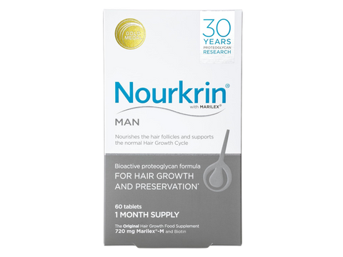 Nourkrin Man Hair Support Supplement box with 60 tablets on white background.