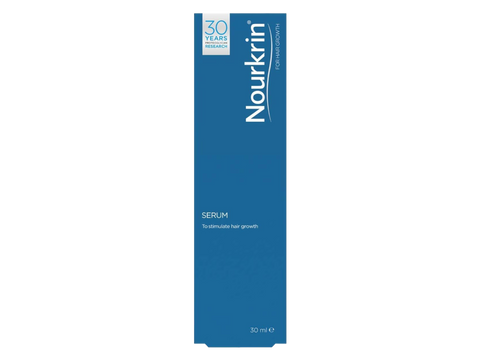 Nourkrin Scalp Care Serum box with, 30ml, on white background.