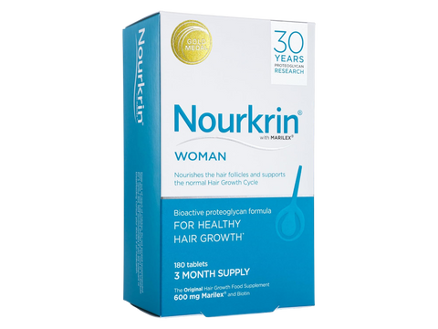 Nourkrin Woman Hair Support Supplement box with 180 tablets on white background.