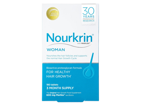 Nourkrin Woman Hair Support Supplement box with 180 tablets on white background.