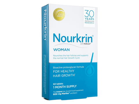 Nourkrin Woman Hair Support Supplement box, 60 tablets, on white background.