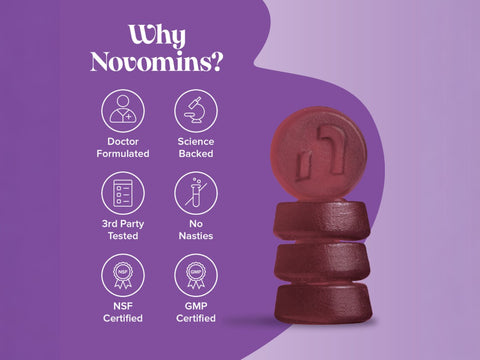 Novomins Nutrition 5HTP Night Time Gummies 60 Raspberry Flavoured Gummies quality assurance graphic doctor formulated science backed GMP certified