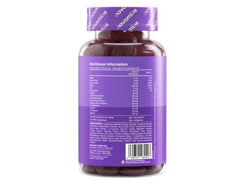 Supplement Facts: Novomins Nutrition 5HTP Night Time Gummies 60 Raspberry Flavoured Gummies serving size 2 gummies 30 servings per container & barcode