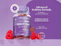 Novomins Nutrition 5HTP Night Time Gummies 60 Raspberry Flavoured Gummies ingredient infographic showing sleepy botanicals amino acids and magnesium
