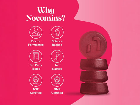 Novomins Nutrition Adult Multivitamin Gummies 60 Peach Flavoured Gummies quality assurance graphic doctor formulated science backed GMP certified