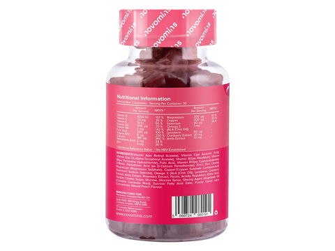 Novomins Nutrition Adult Multivitamin Gummies 60 Peach Flavoured Gummies back of bottle showing nutritional information ingredients and barcode