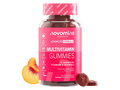 Novomins Nutrition Adult Multivitamin Gummies 60 Peach Flavoured Gummies bottle angled view with peach and gummies