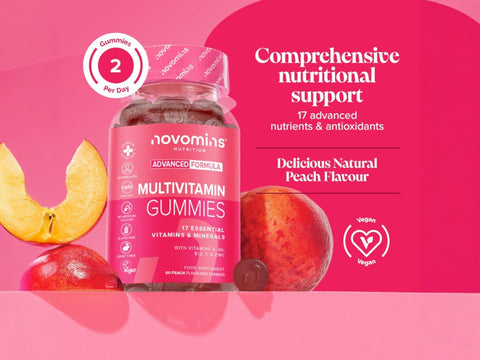 Novomins Nutrition Adult Multivitamin Gummies 60 Peach Flavoured Gummies bottle front view with peach slices advanced formula