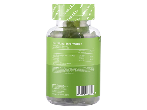 Novomins Nutrition Apple Cider Vinegar Gummies 60 Apple Flavoured Gummies back of bottle showing supplement facts ingredients and barcode