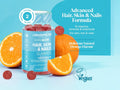 Novomins Nutrition Beauty Gummies 60 Orange Flavoured Gummies lifestyle image with oranges and 2 gummies per day graphic