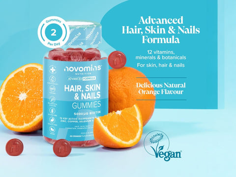 Novomins Nutrition Beauty Gummies 60 Orange Flavoured Gummies lifestyle image with oranges and 2 gummies per day graphic