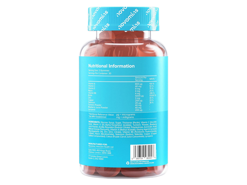 Novomins Nutrition Beauty Gummies 60 Orange Flavoured Gummies back of bottle showing supplement facts ingredients and barcode