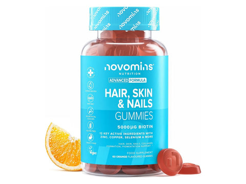 Novomins Nutrition Beauty Gummies 60 Orange Flavoured Gummies bottle front view with orange slices