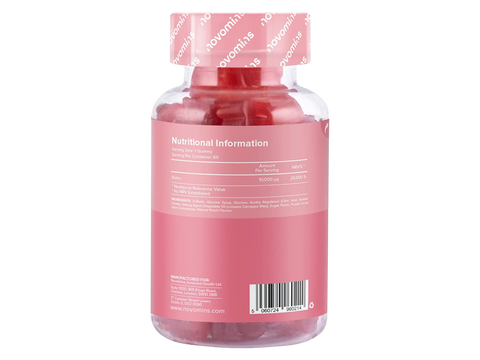 Novomins Nutrition Biotin Gummies 10000µg 60 Peach Flavoured Gummies back of bottle showing nutritional information ingredients and barcode