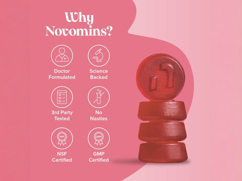 Novomins Nutrition Biotin Gummies 10000µg 60 Peach Flavoured Gummies gummy close up doctor formulated science backed GMP certified