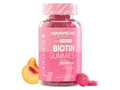Novomins Nutrition Biotin Gummies 10000µg 60 Peach Flavoured Gummies bottle front view with peach slices