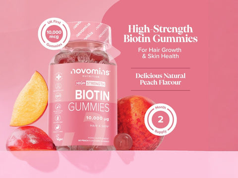 Novomins Nutrition Biotin Gummies 10000µg 60 Peach Flavoured Gummies transparency and laboratory testing image