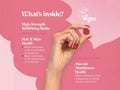 Novomins Nutrition Biotin Gummies 10000µg 60 Peach Flavoured Gummies ingredient infographic showing high strength biotin for hair and skin health