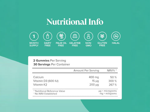 Supplement Facts: Novomins Nutrition Calcium and Vitamin D Gummies with Vitamin K2 60 Peach Flavoured Gummies serving size 2 gummies 30 servings per container